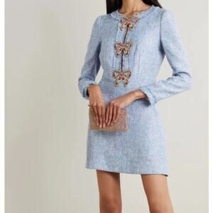 SALONI Camille Crystal Rainbow Sequin Bow Tweed Mini Dress Baby Blue Size 2